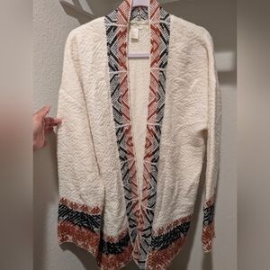 H&M Cream Cardigan with Rust and Black Geometric Trim